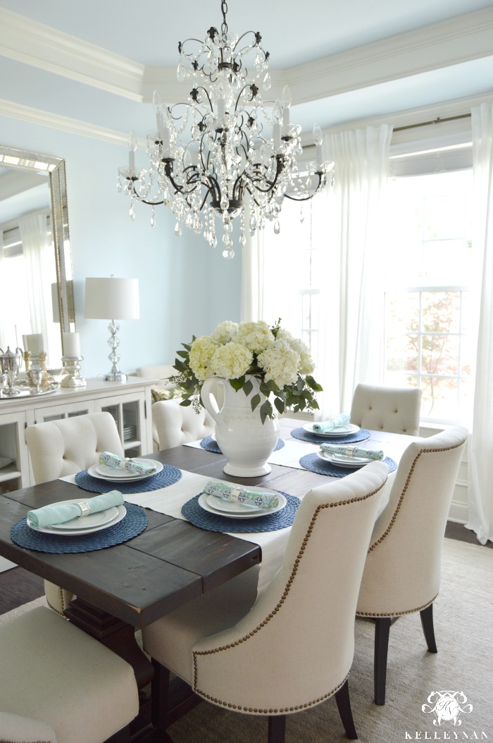 White Hydrangea Arrangement in Formal Dining Room with Crystal Chandelier