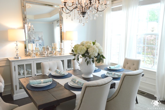 White Hydrangeas and Eucalyptus in Light Blue Formal Dining Room