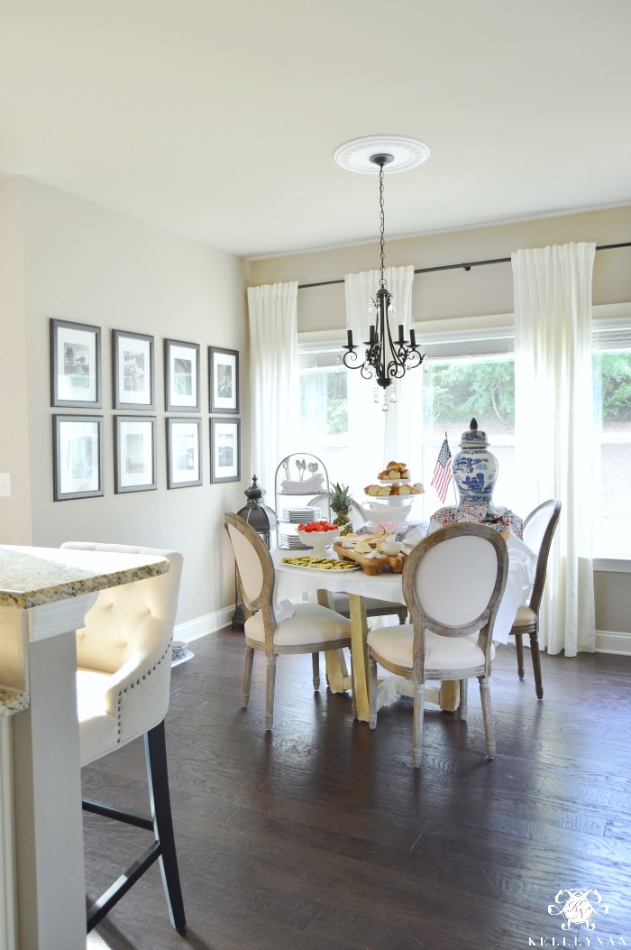 Breakfast Nook with Food Table Setup and World Market Round Back Paige Chairs