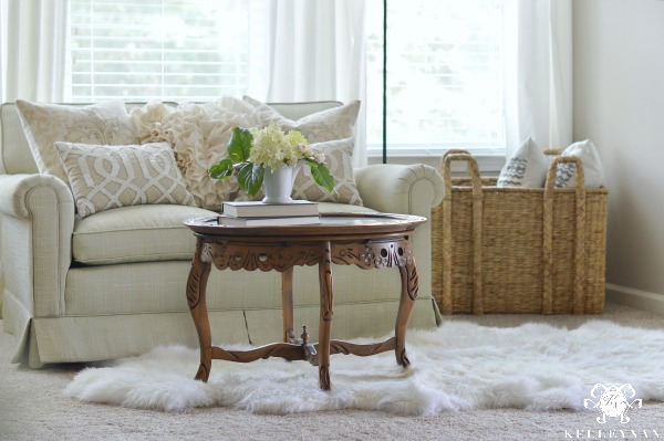 Sitting Room with Sheepskin Fur Rug and Vintage Table