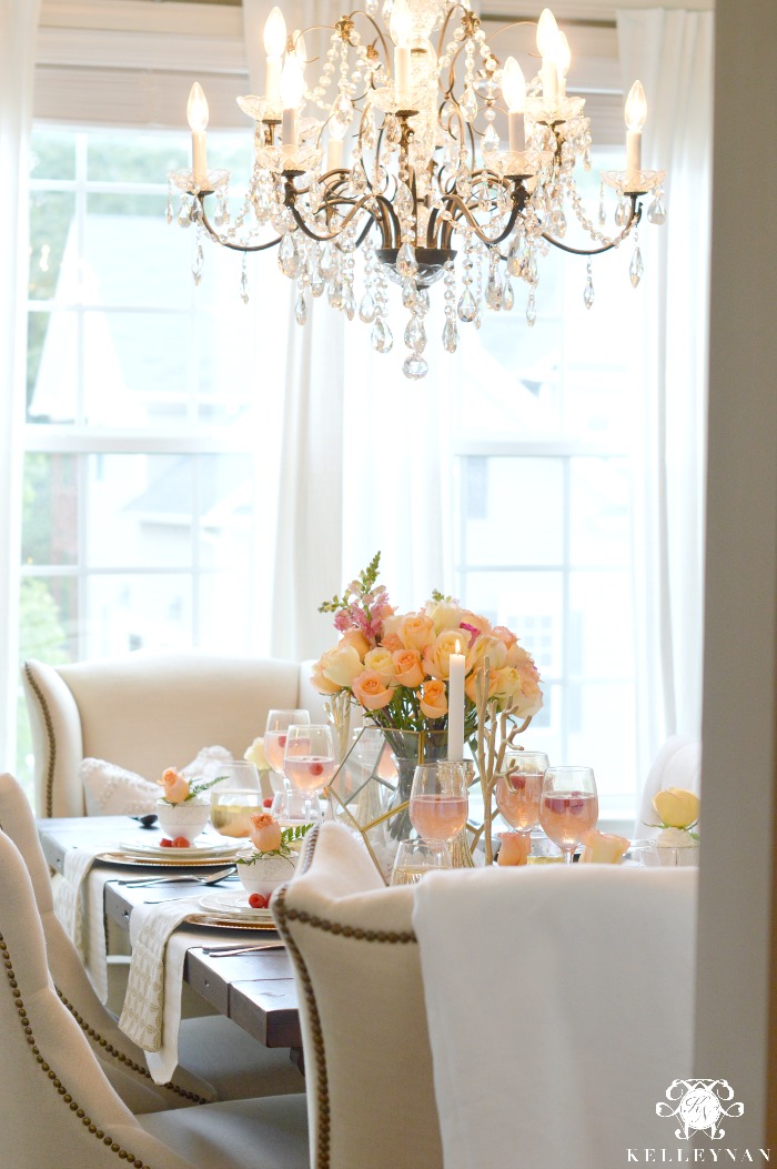 Dining Room Formal Table Setting with Elegant Crystal Chandelier