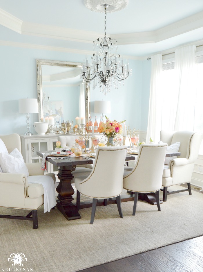 Elegant Dining Room with Lauren's Surprise Blue Paint and Tray Ceiling with Elegant Crystal Chandelier