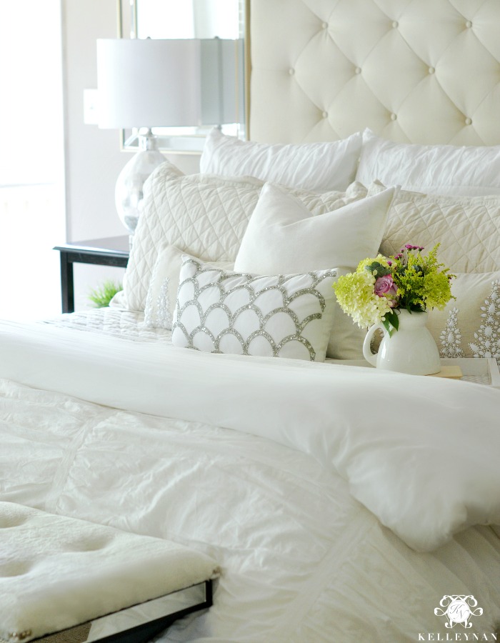 Master Bed with Flowers- Pottery Barn Lorraine Uphostered Headboard Bed and Hadley Ruched Duvet