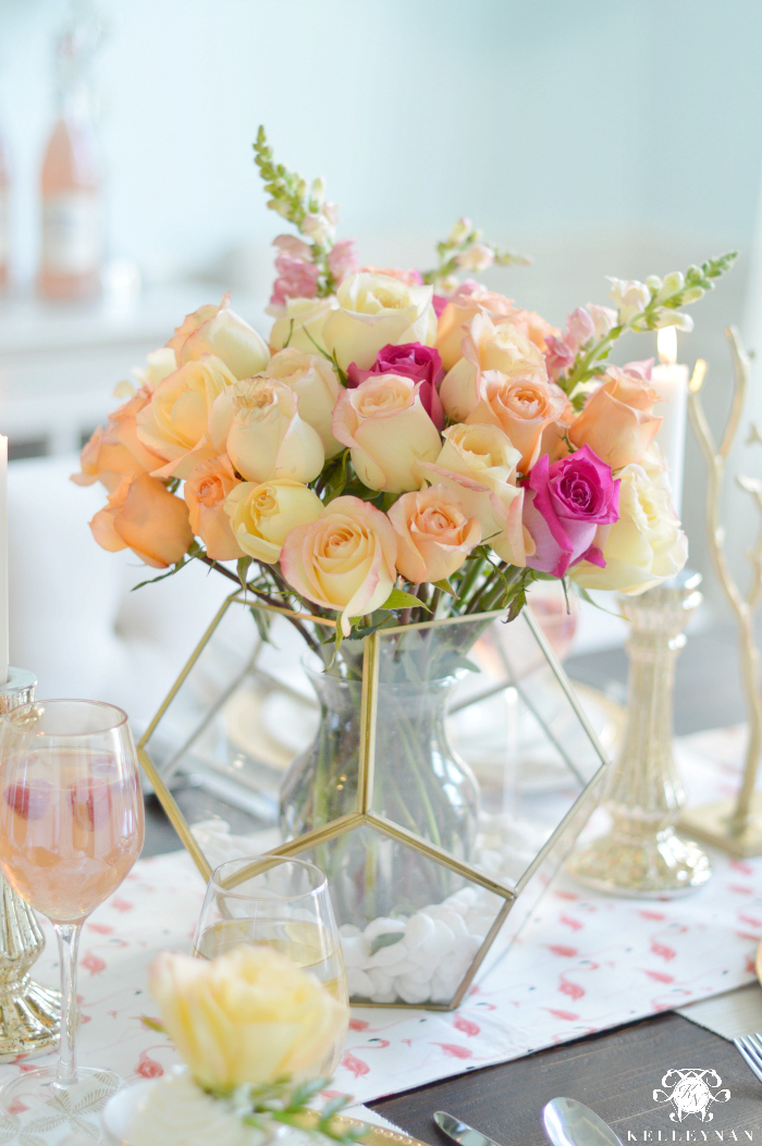 Rose Floral Arrangement in Gold Terrarium as Table Setting Centerpiece