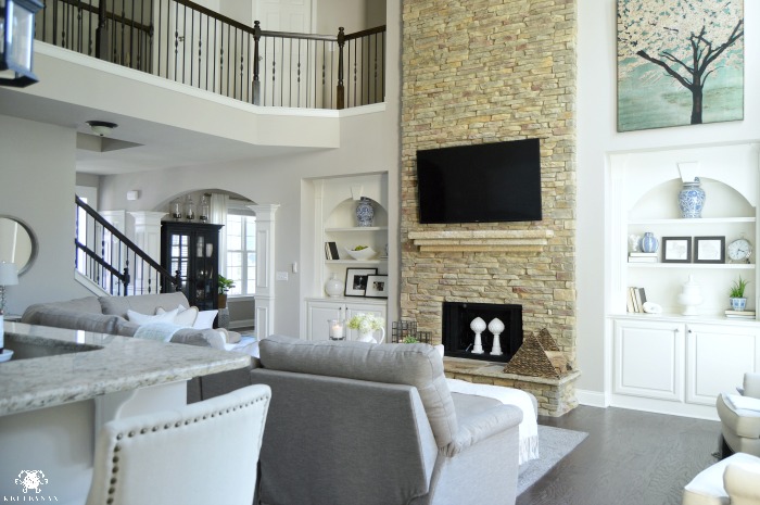 Two Story Living Room with Stacked Stone Fireplace and catwalk overlook open concept home floorplan