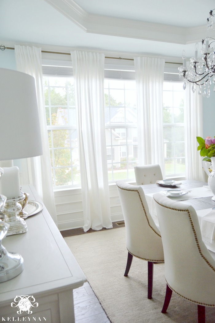 White Ikea Ritva Curtains in Elegant Blue Dining Room