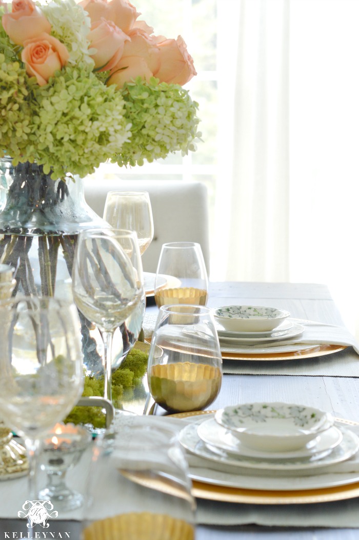 Dining Room Table Centerpiece with Gold Stemless Glasses