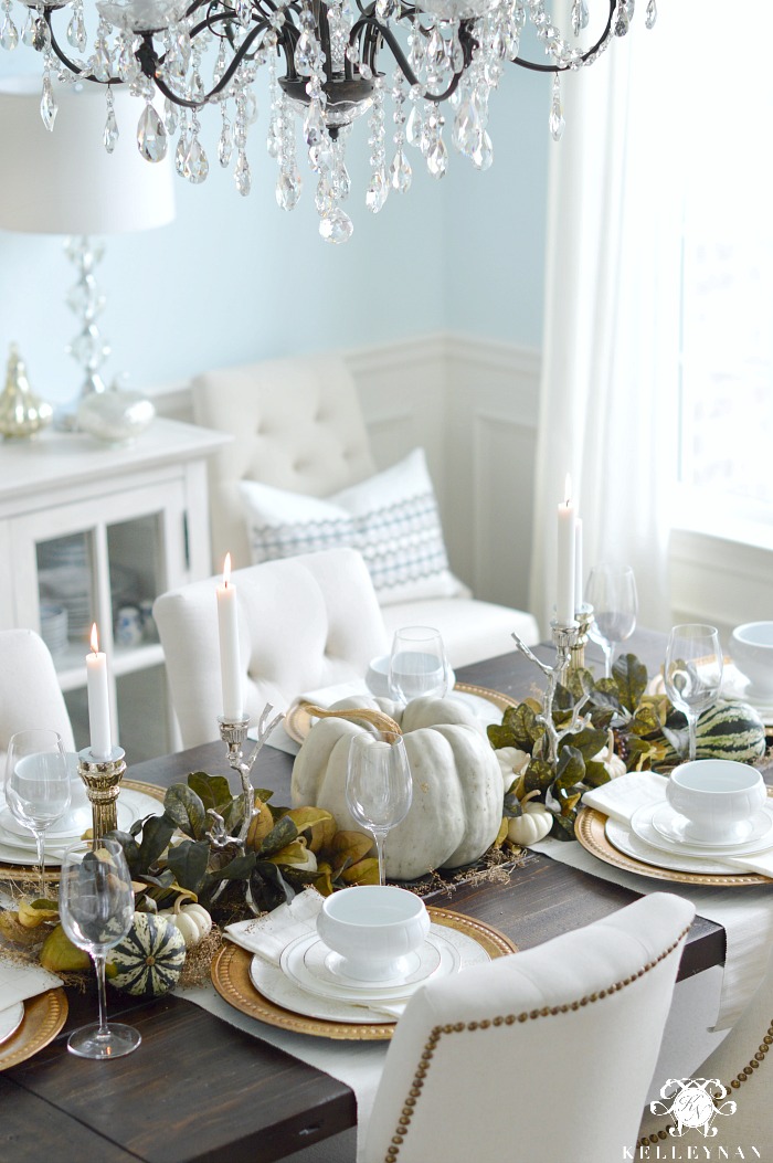 Green and White Fall Decor in the Kitchen and Dining Room