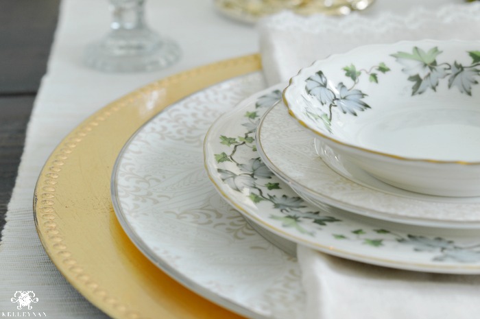 Ivy Plates with Mixed China Patterns on Gold Charger