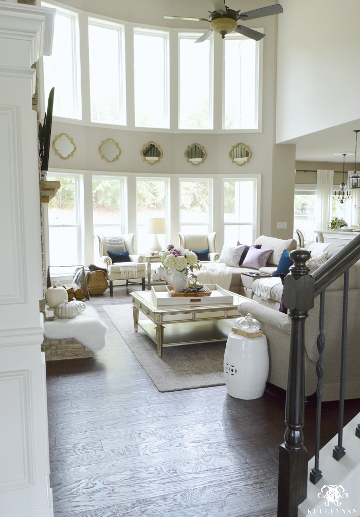 neutral-two-story-great-room-with-navy-and-plum-fall-accents-and-decor