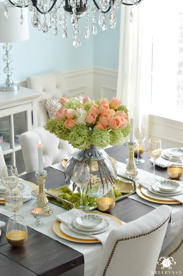 Peach Roses and Limelight Hydrangea Table Setting in Elegant Dining Room