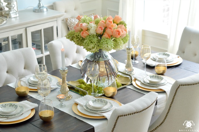 Peach Roses with Limelight Hydrangeas in Neutral Dining Room