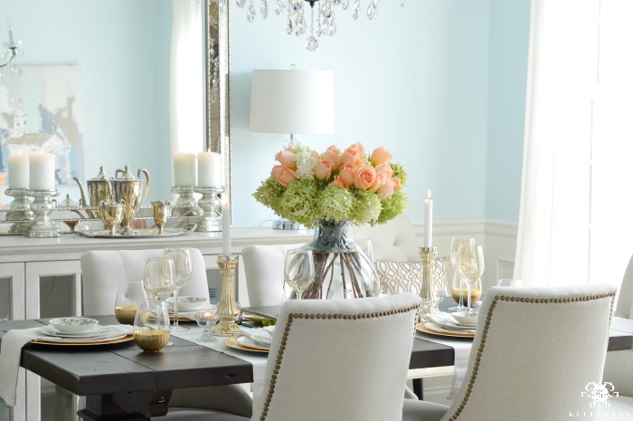 Peach Table Setting in Blue Dining Room