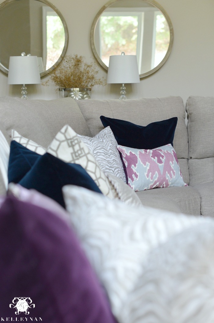 plum-navy-and-patterned-pillows-for-fall-sofa