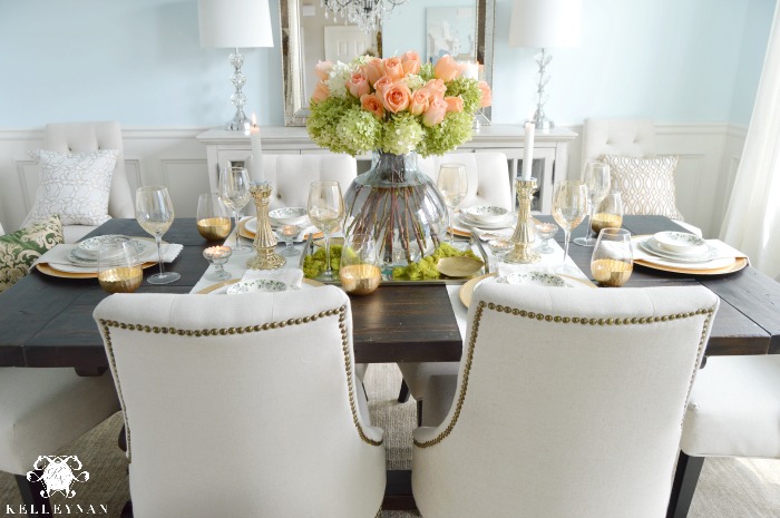 Summer Tablescape Blue Dining Room with Buffet and Lamps