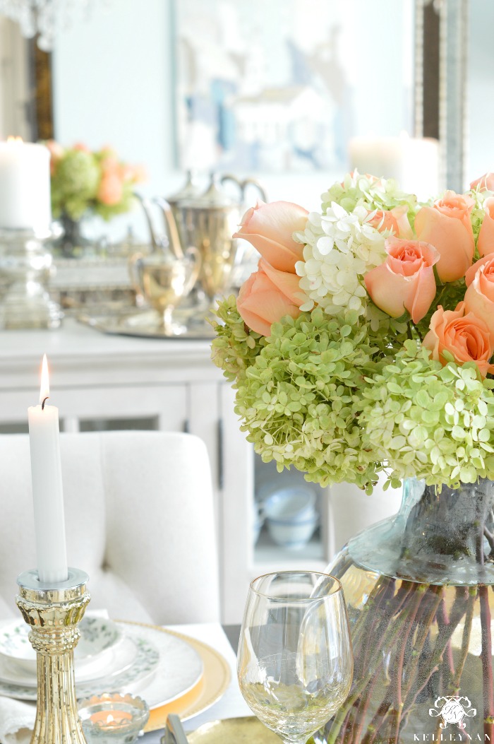 Table with Orange Roses and Limelight Hydrangeas