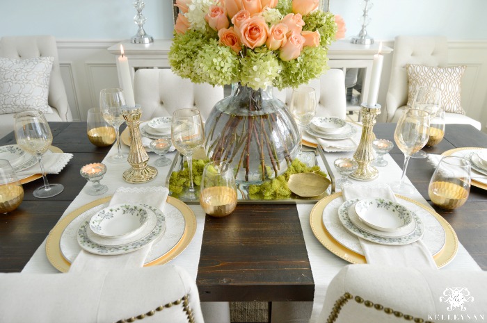 Table with Peach Roses and Hydrangea Centerpiece