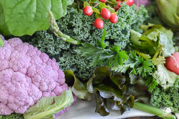Vegetable Easter Table- veggie centerpiece with purple cauliflower 
