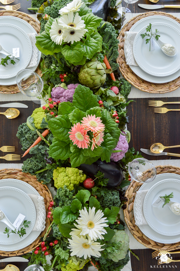 Vegetable Easter Table with lettuce and veggie centerpiece