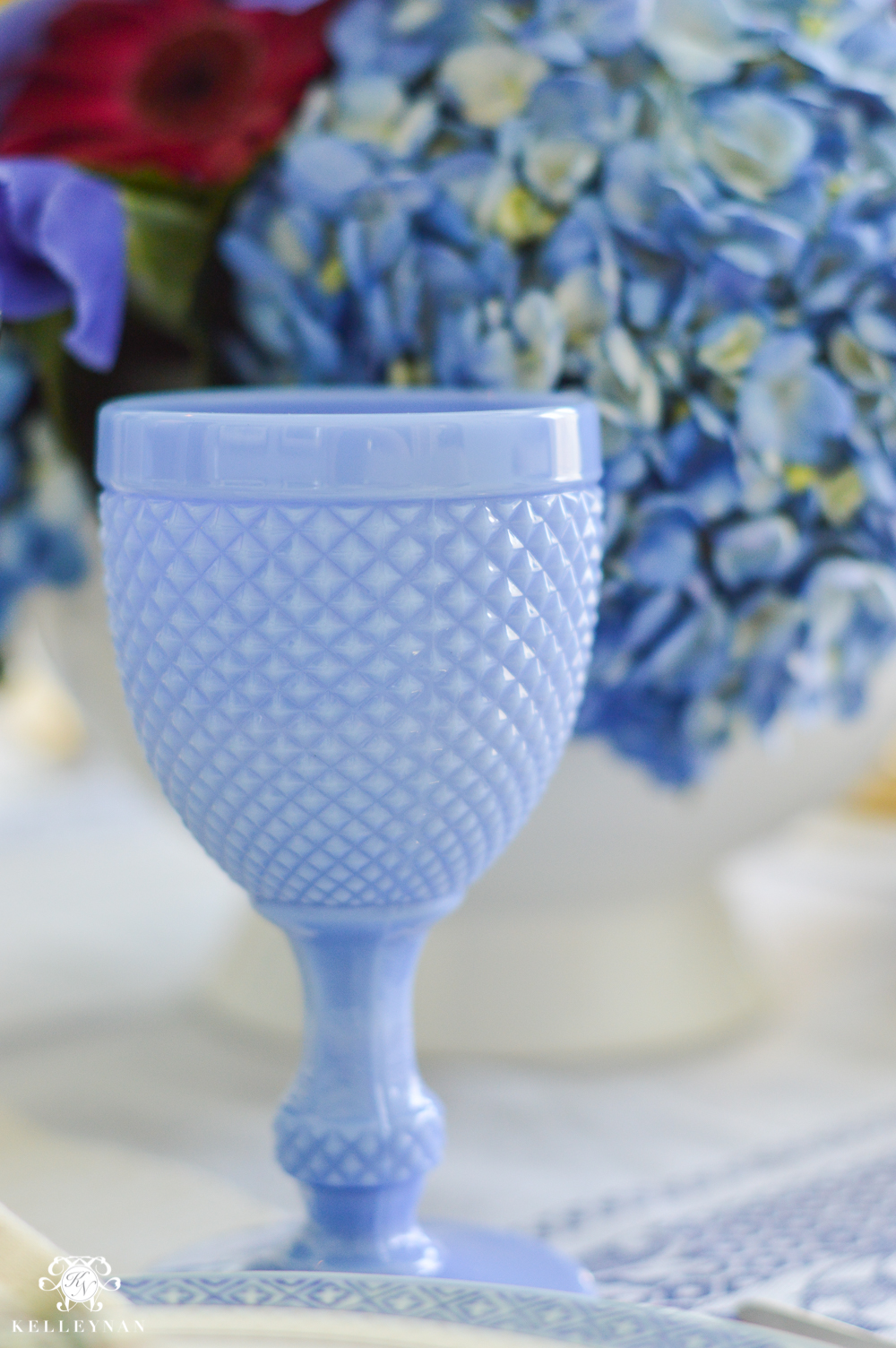 Blue Milk Glass goblets on tablescape