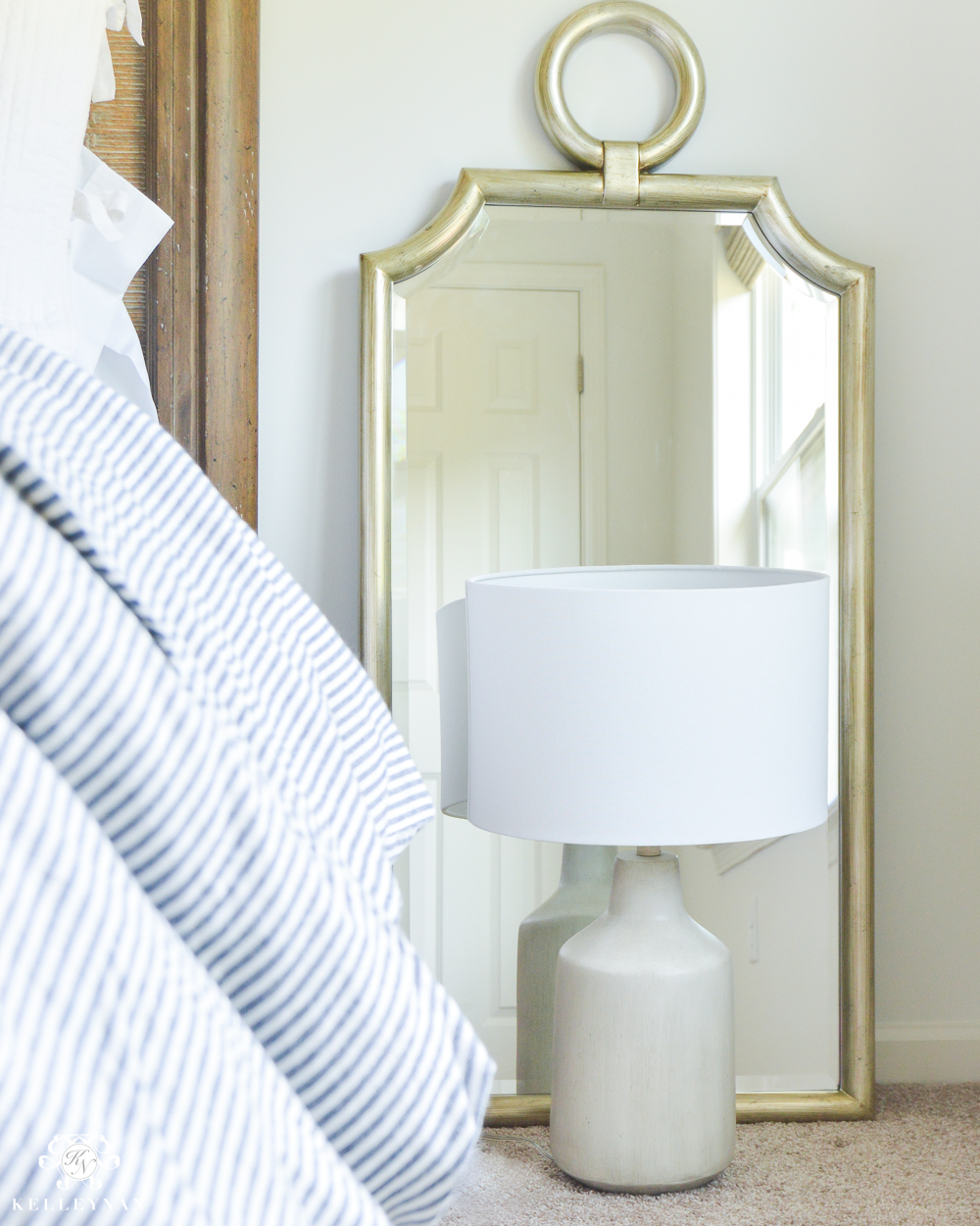 Blue and White Guest Bedroom One Room Challenge Progress- Mirrors behind lamps