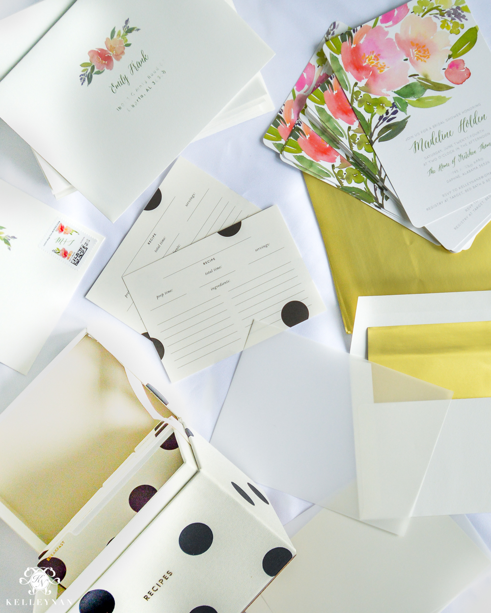 Bridal Shower Invitation Ideas with Recipe Cards- floral adn polka dot theme for garden party