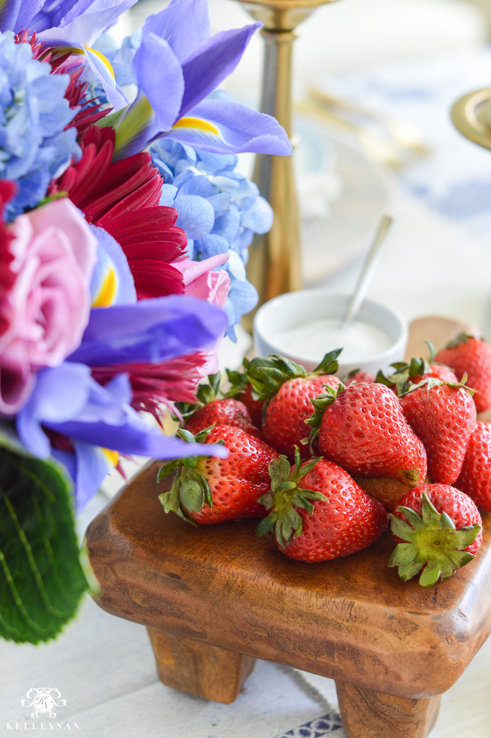 Jewel Tone and Blue and White Table with Strawberries and Sugar