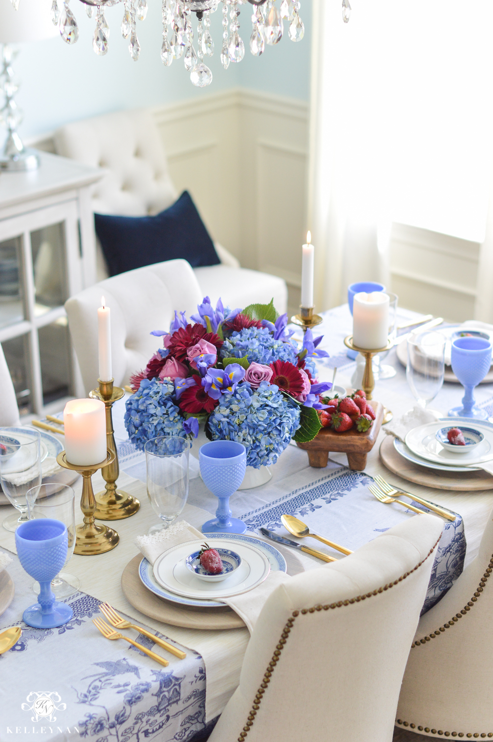 Jewel Tone and Blue and White Table with Strawberries in Elegant Dining Room