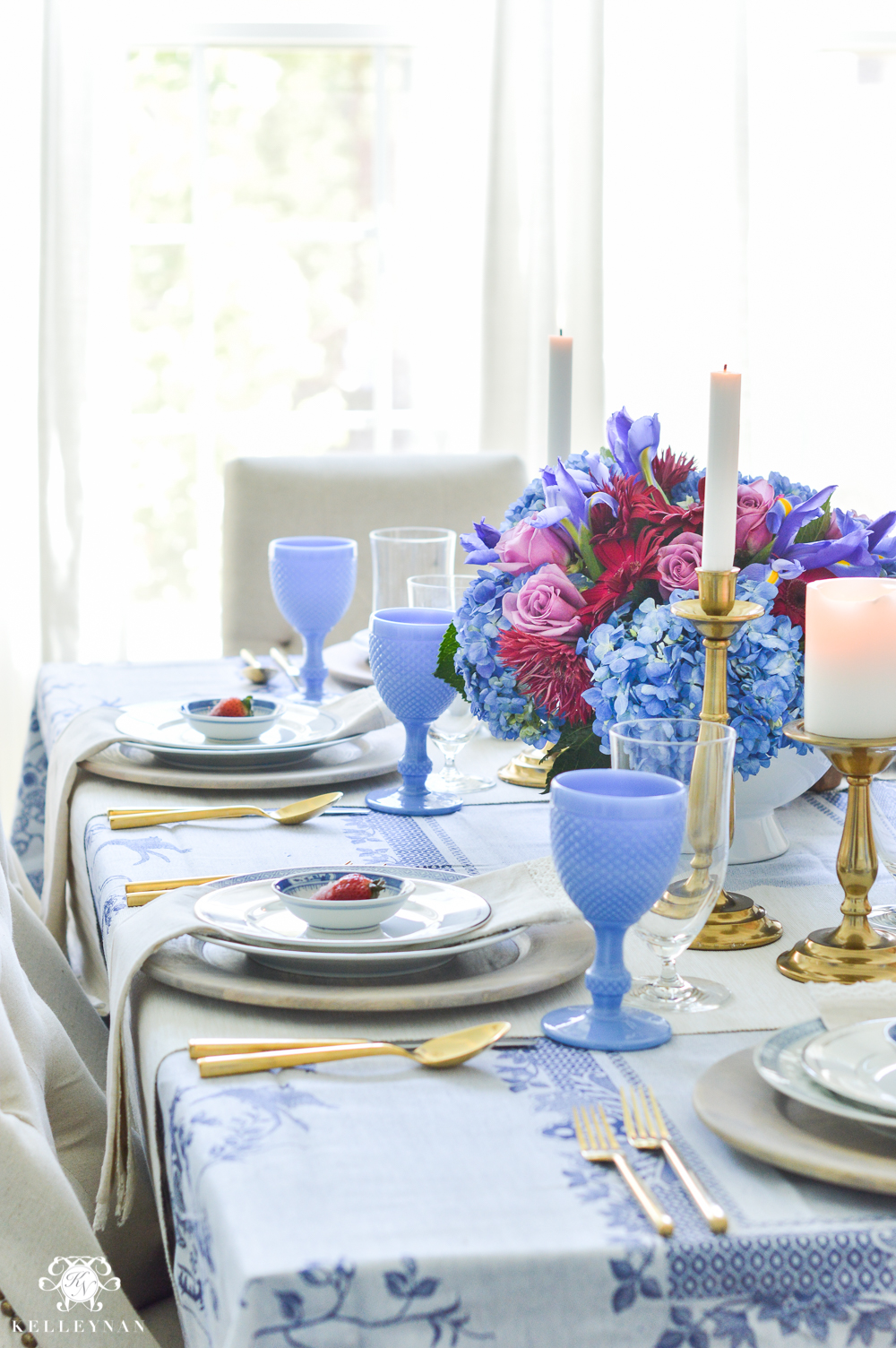 Jewel Tone and Blue and White Table with Strawberry Cake Recipe