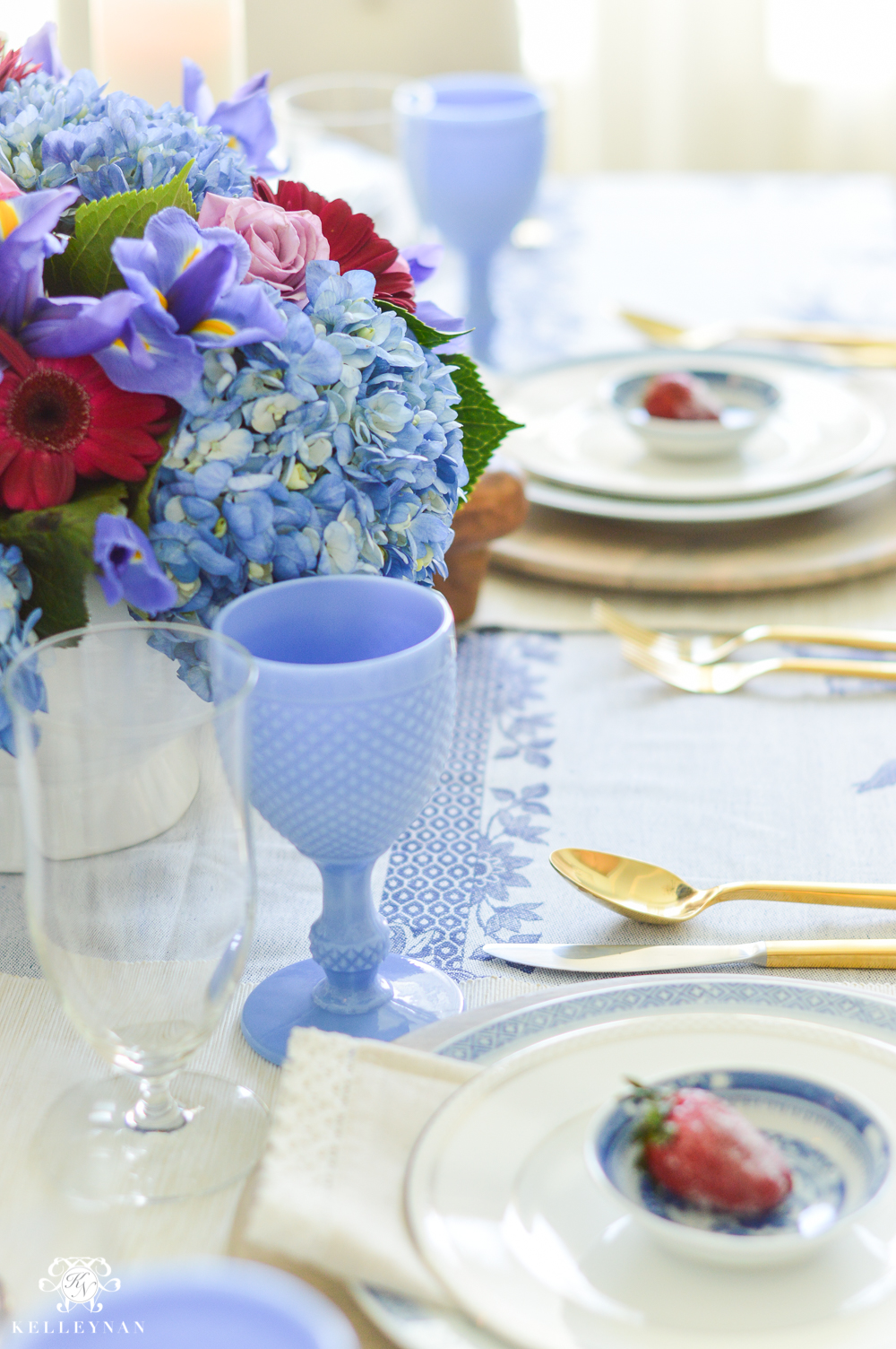 Jewel tone Mother's day table with strawberries