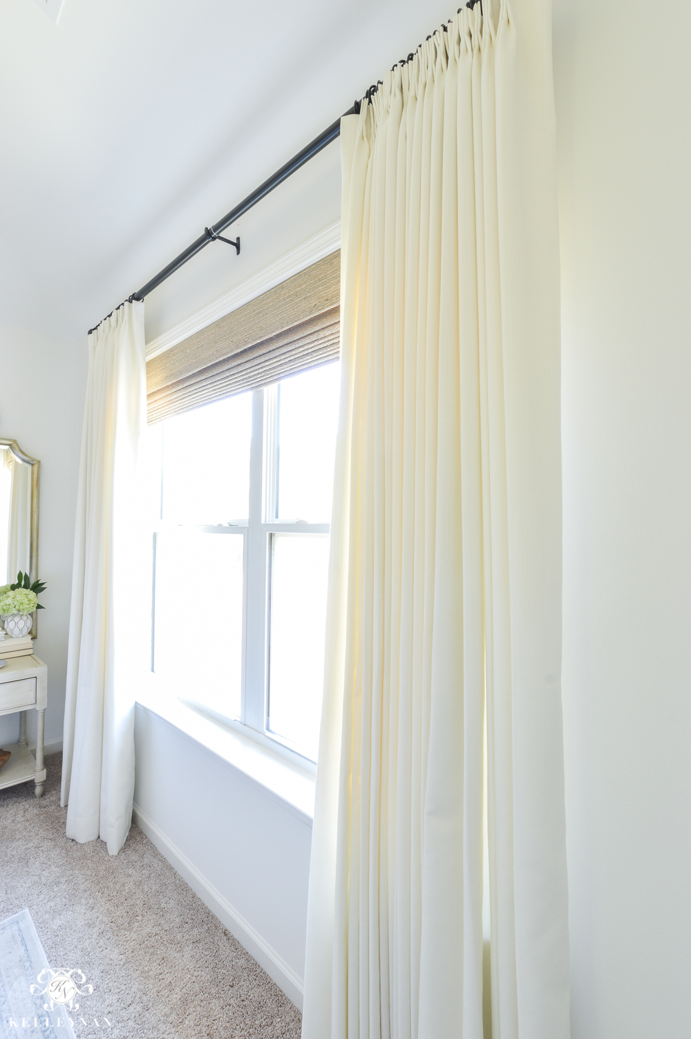 ORC Guest Bedroom Reveal- Blue and White Select Blinds linen curtains and wooden woven shades