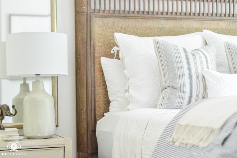 ORC Guest Bedroom Reveal- Blue and White- white night stands with wooden bed