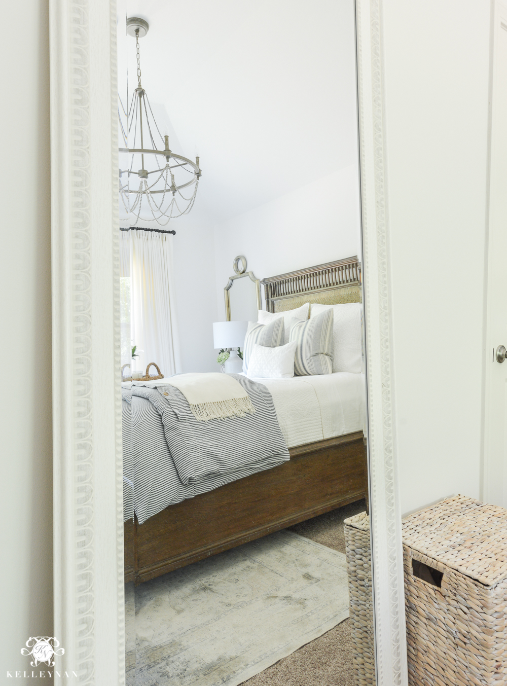 One Room Challenge Blue and White Guest Bedroom Reveal Before and After Makeover- Full length white mirror