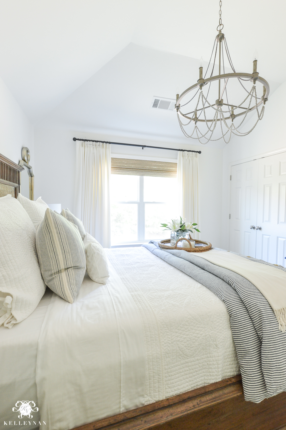 One Room Challenge Blue and White Guest Bedroom Reveal Before and After Makeover- Guest Bedroom Chandelier and White Bedding-2