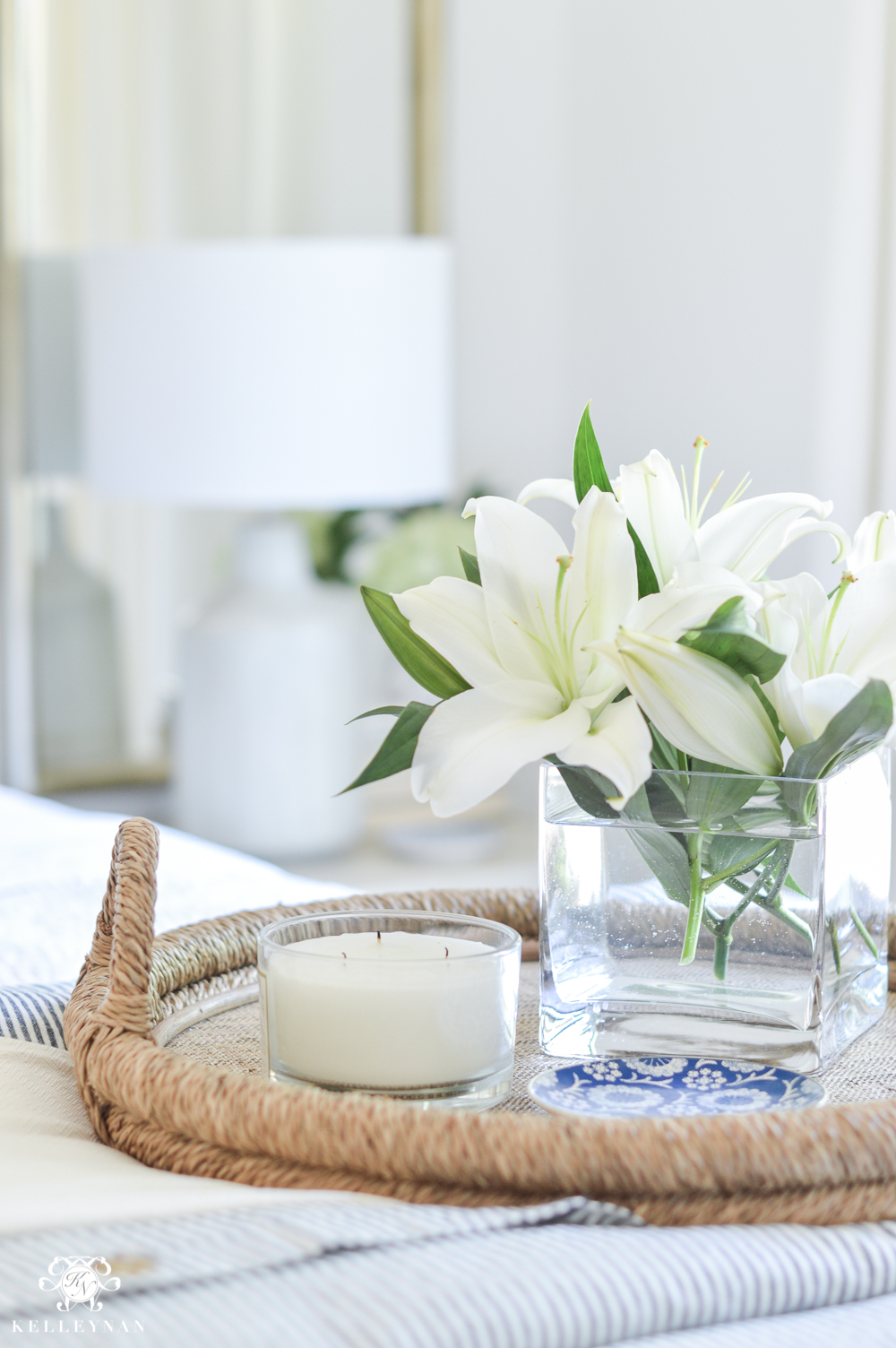 One Room Challenge Blue and White Guest Bedroom Reveal Before and After Makeover- bed tray styling