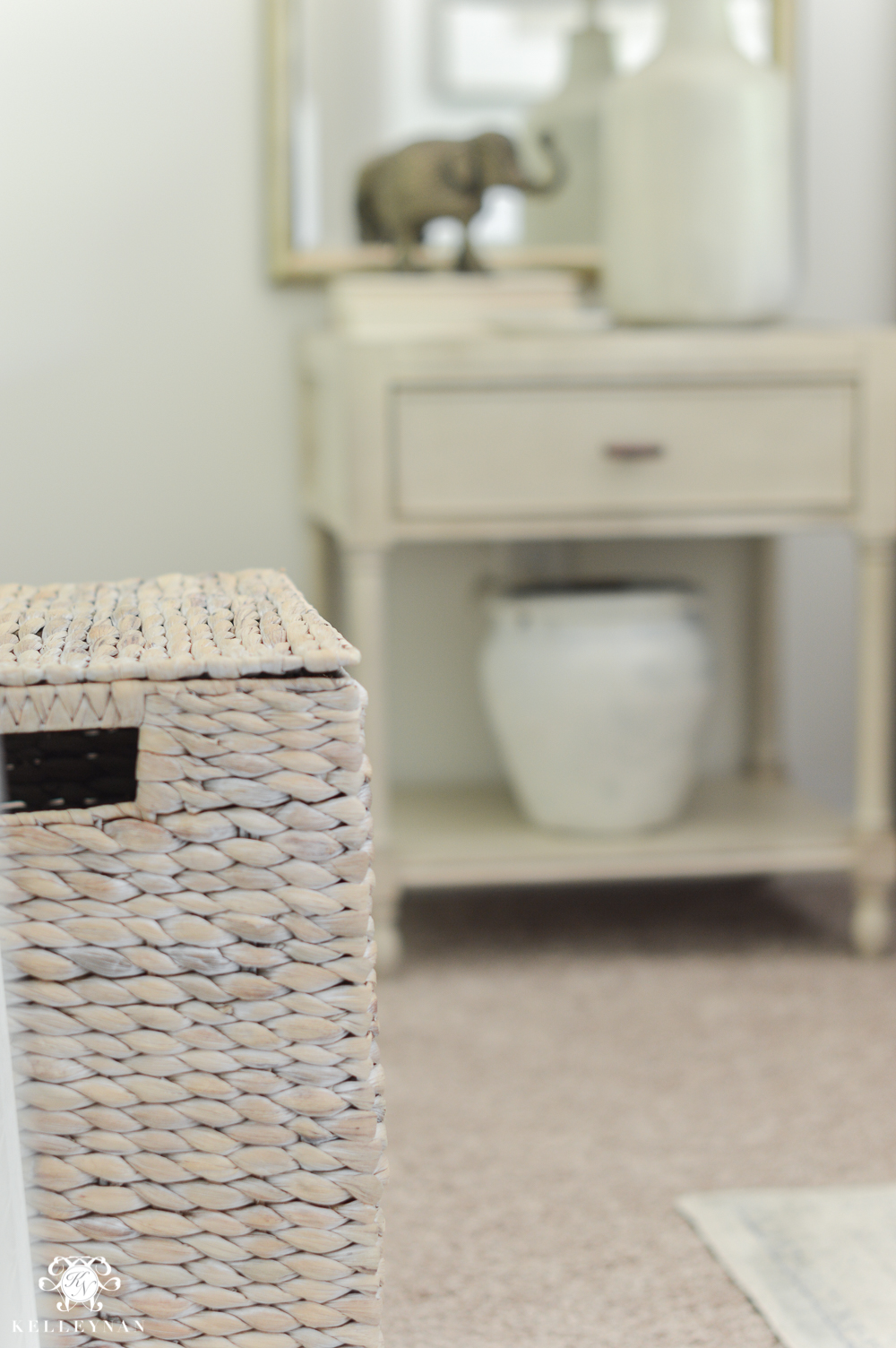 One Room Challenge Blue and White Guest Bedroom Reveal Before and After Makeover- laundry hamper in guest bedroom