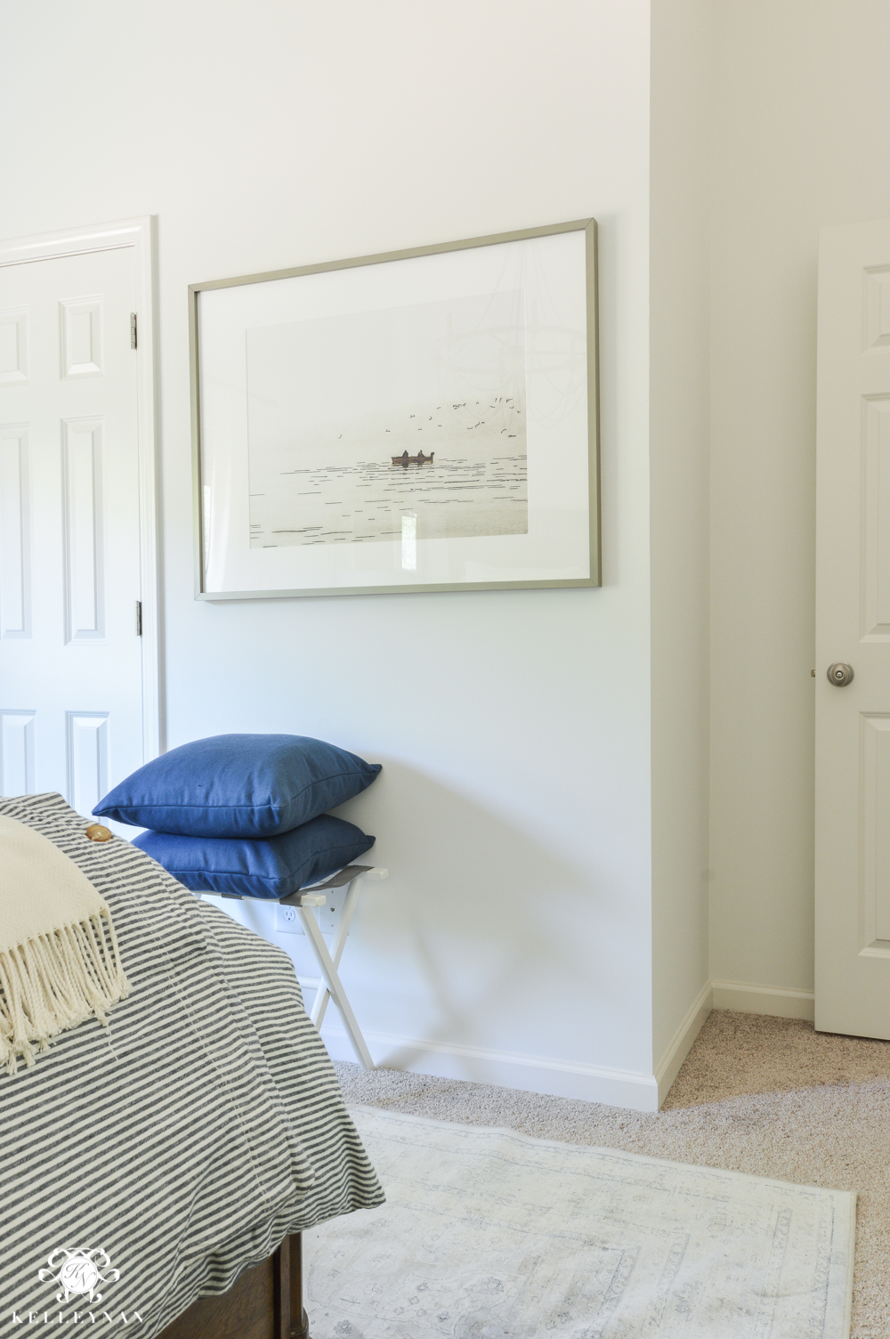 One Room Challenge Blue and White Guest Bedroom Reveal Before and After Makeover- luggage rack in guest bedroom