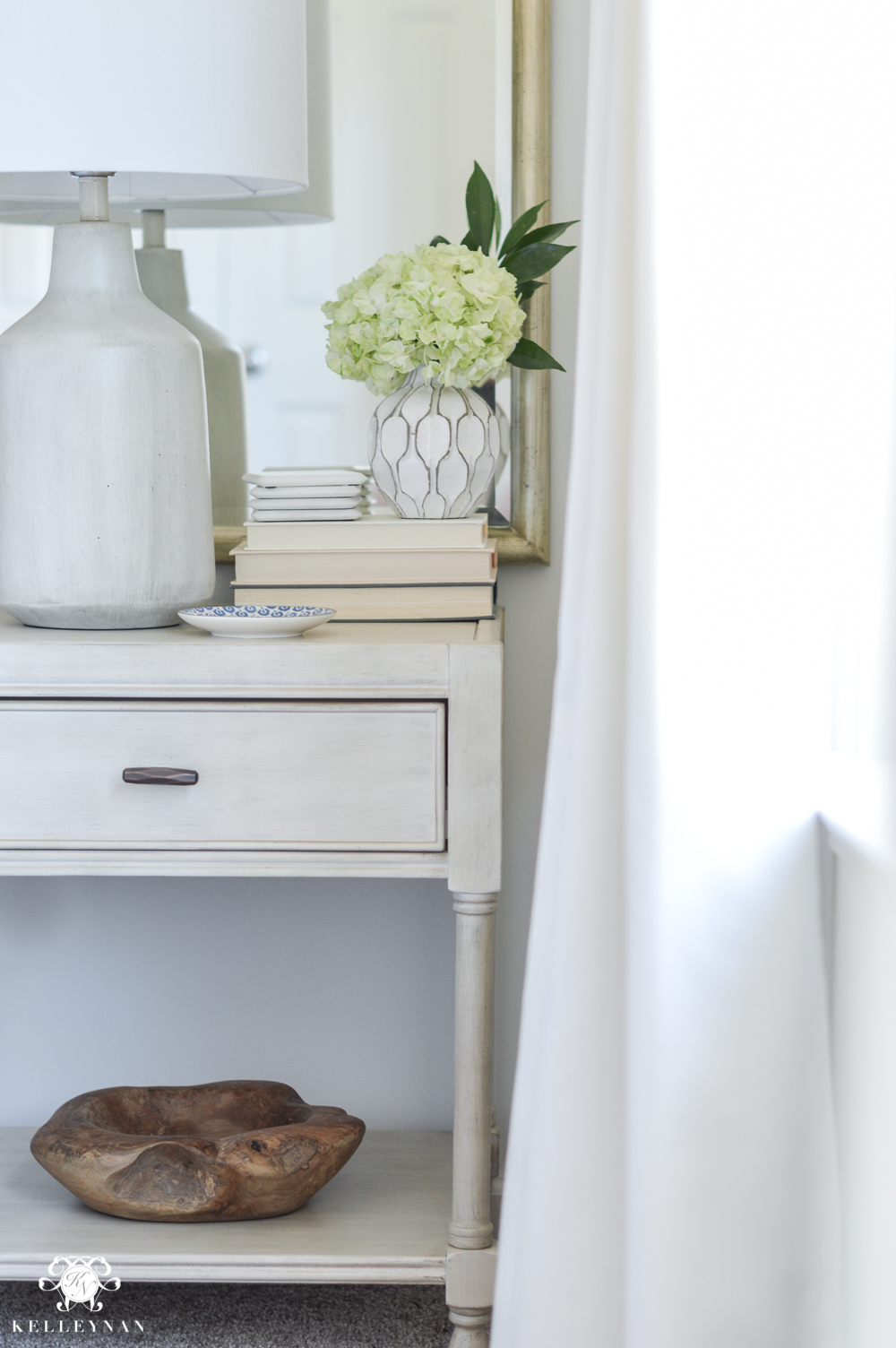 One Room Challenge Blue and White Guest Bedroom Reveal Before and After Makeover- night stand decorating ideas