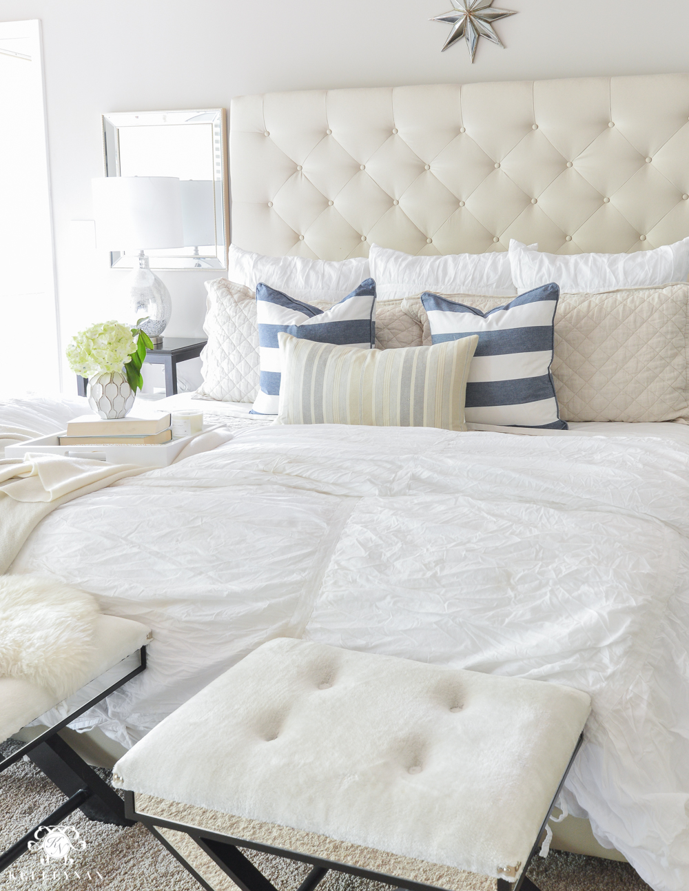 Shades of Summer Home Tour with Neutrals and Naturals- Pottery Barn Tall Lorraine bed with belgian flax diamond linen quilt and hadley ruched duvet