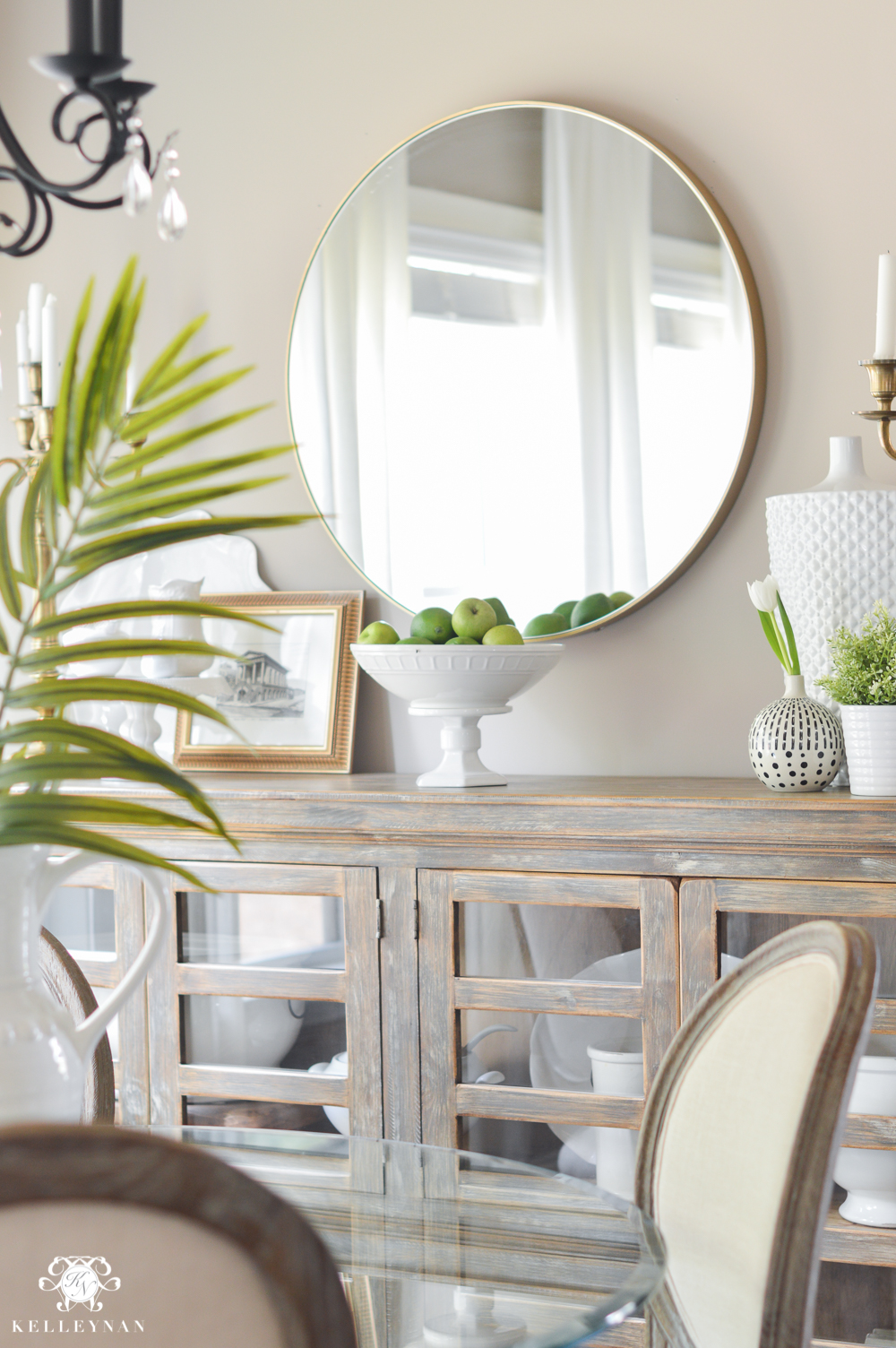 Shades of Summer Home Tour with Neutrals and Naturals- breakfast nook with buffet and round brass mirror