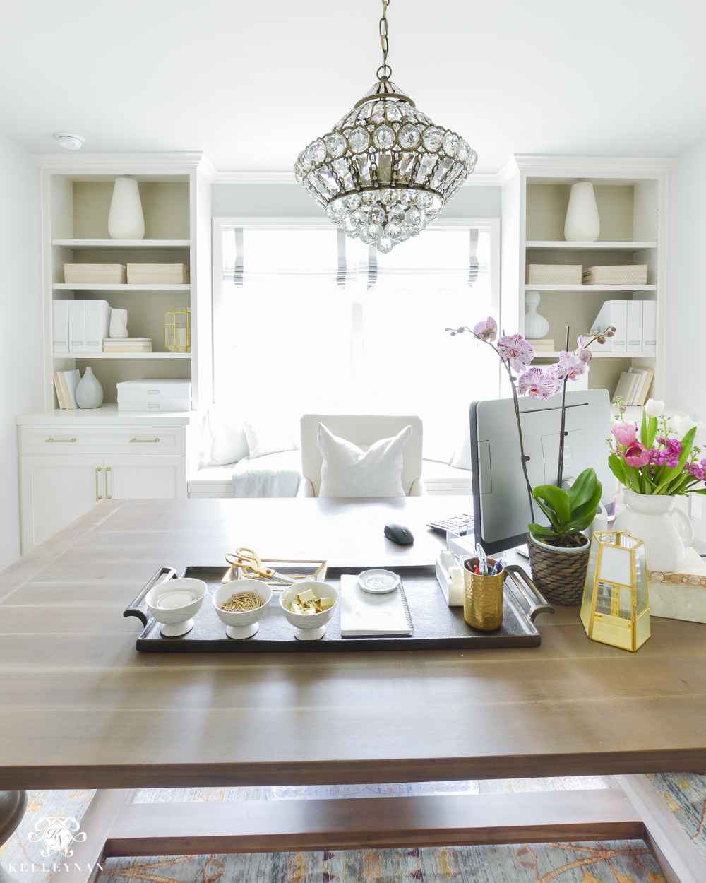 Shades of Summer Home Tour with Neutrals and Naturals- home office with built-ins and chandelier