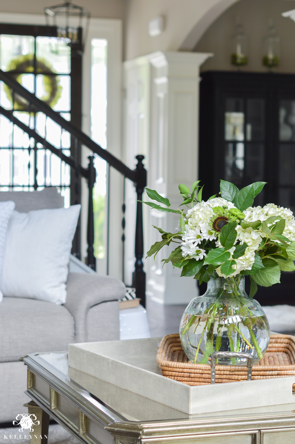 Shades of Summer Home Tour with Neutrals and Naturals- mirrored champagne coffee table