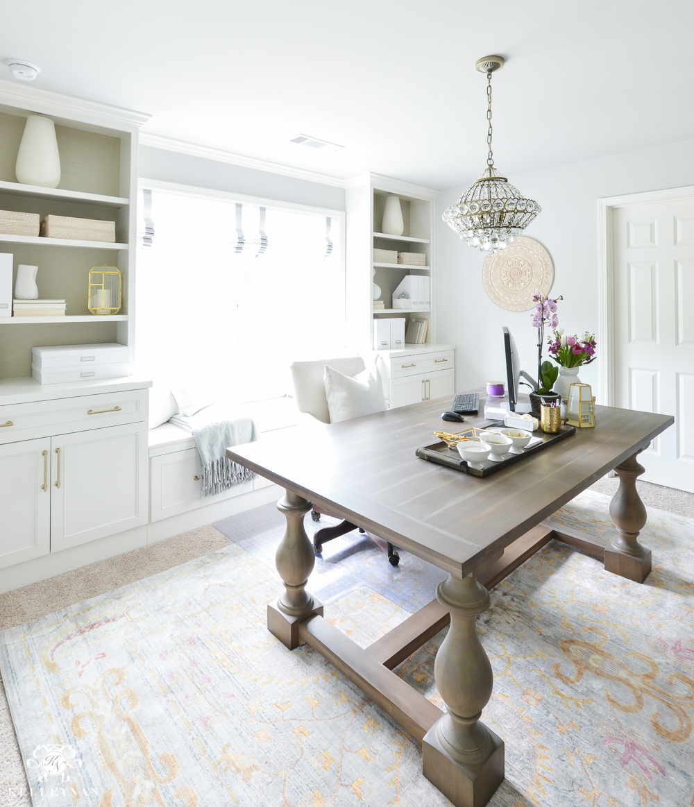 Shades of Summer Home Tour with Neutrals and Naturals- pretty home office using dining table as desk