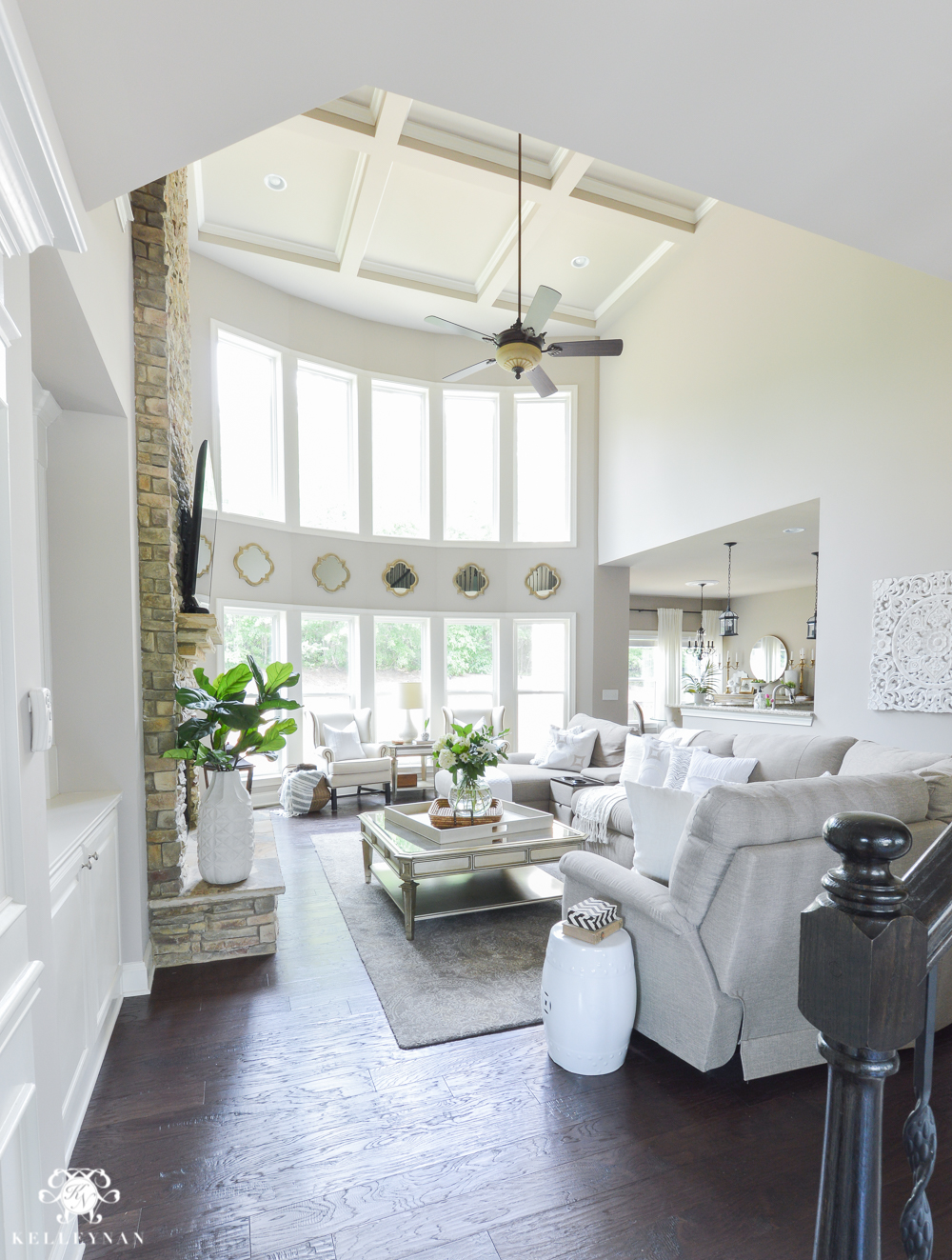 Shades of Summer Home Tour with Neutrals and Naturals-two story great room in sherwin williams versatile gray with bow of windows