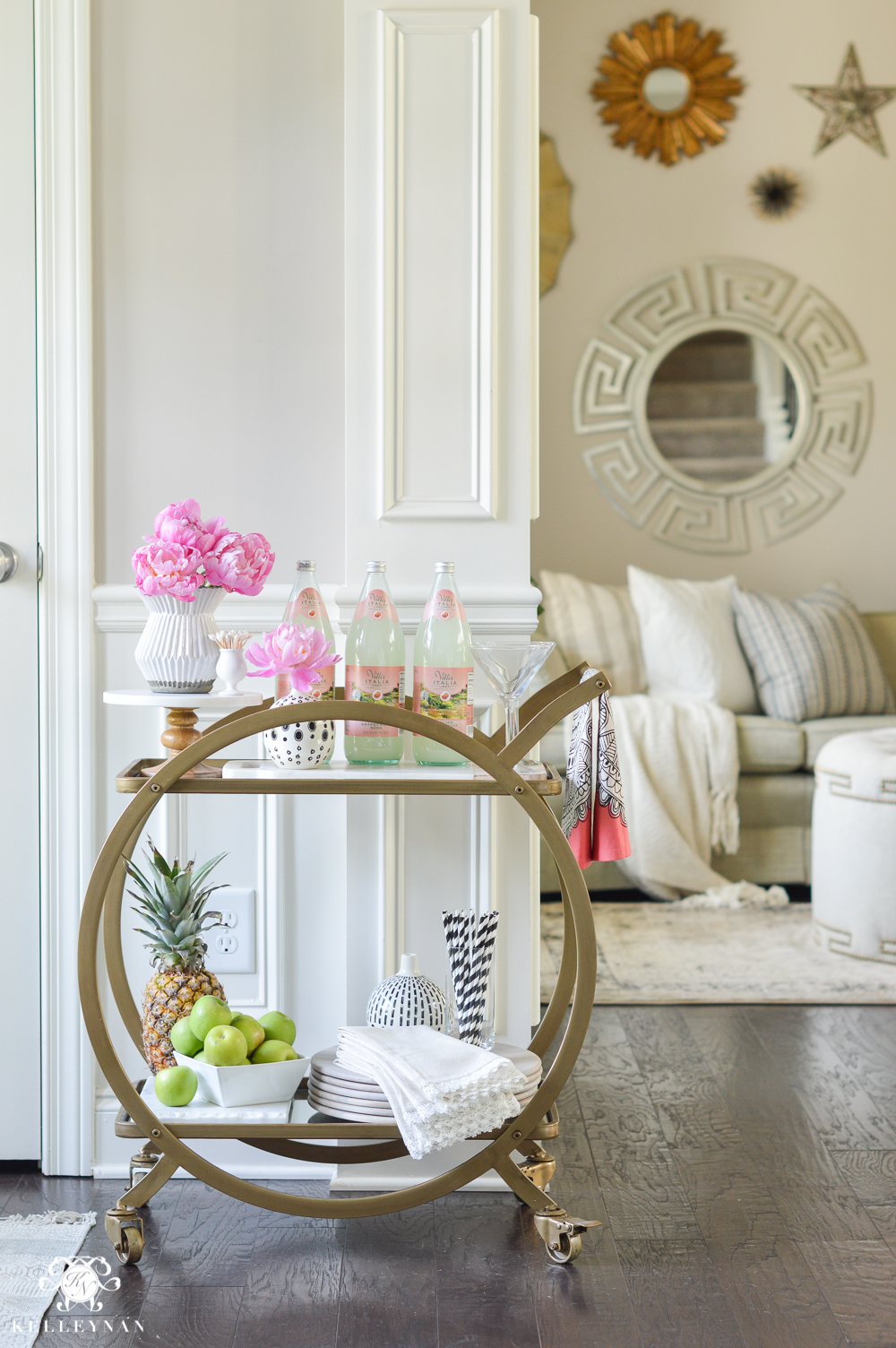 Easy Tropical Bar Cart with Peonies and Pineapple- World Market Gold Asher Bar Cart