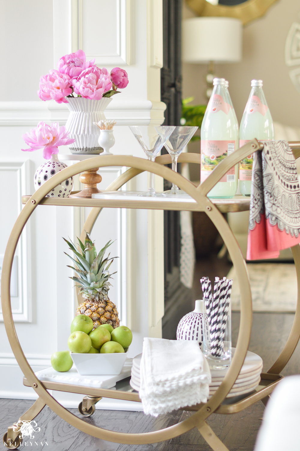 Easy Tropical Bar Cart with Peonies and Pineapple- bar cart accessories