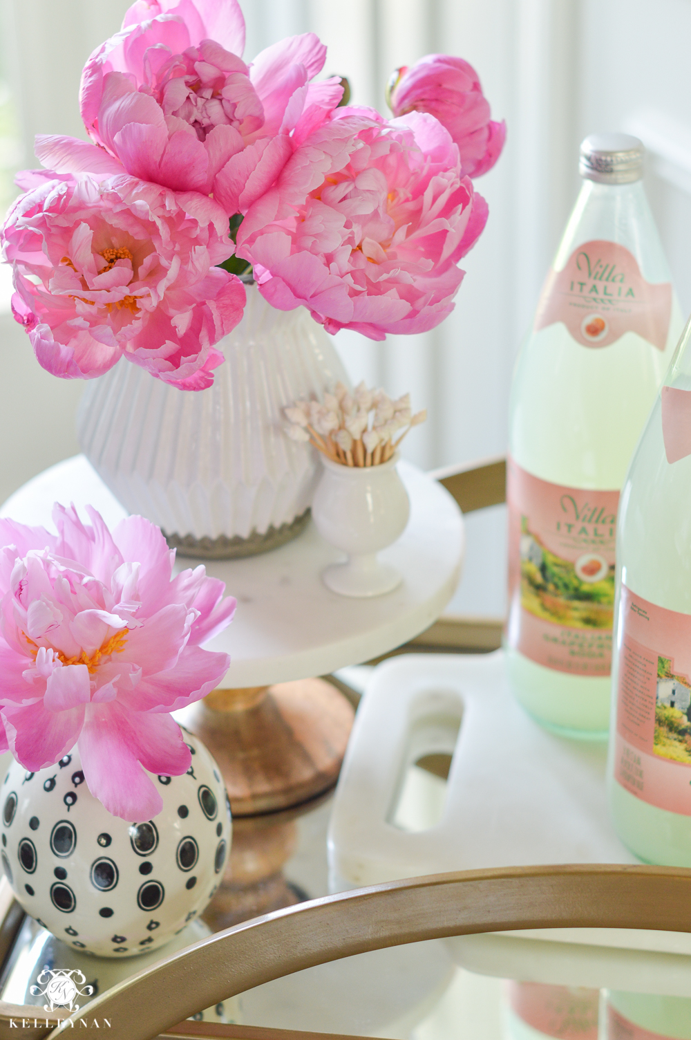 Easy Tropical Bar Cart with Peonies and Pineapple- flowers on a bar cart