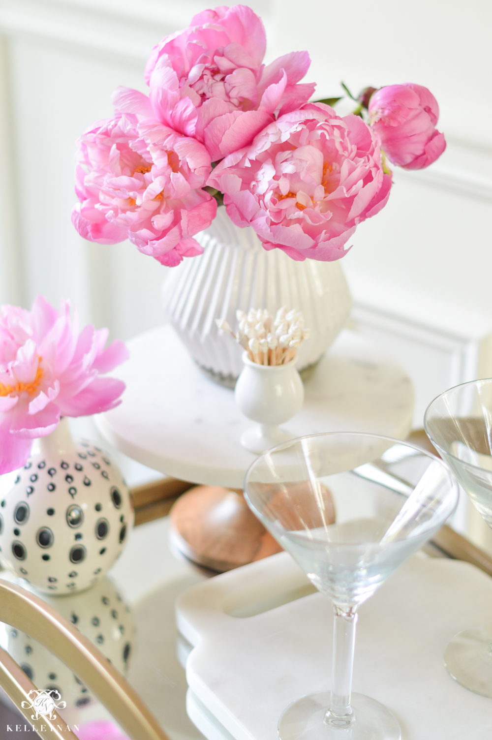 Easy Tropical Bar Cart with Peonies and Pineapple-how to style a bar cart with flowers