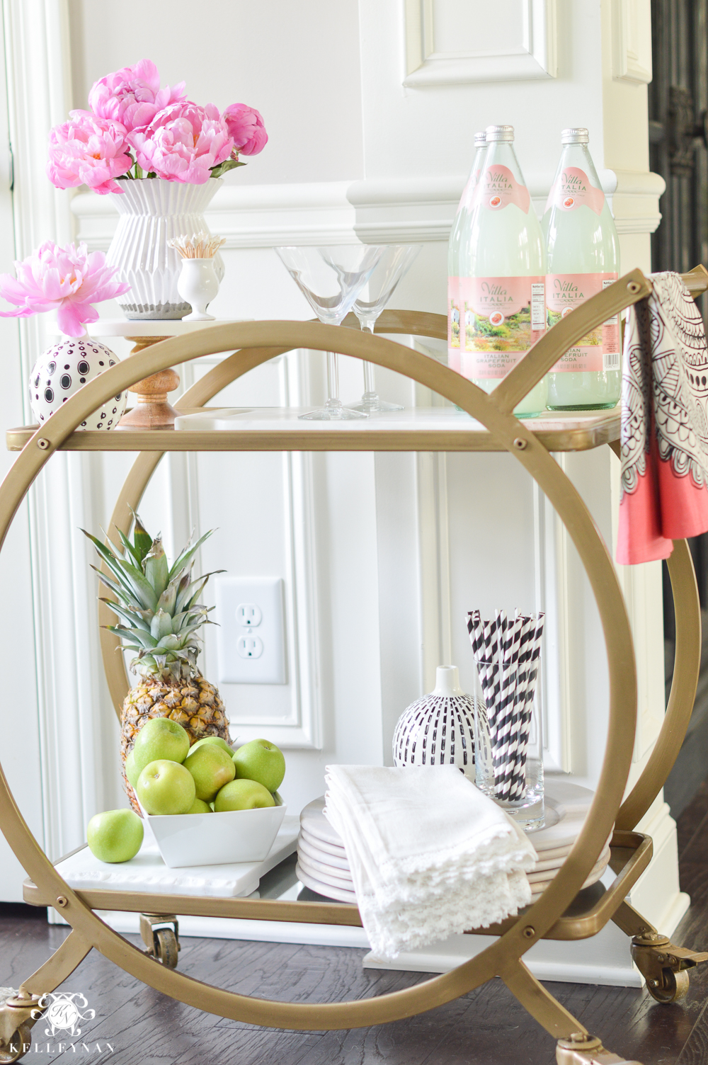 Easy Tropical Bar Cart with Peonies and Pineapple-how to style a bar cart