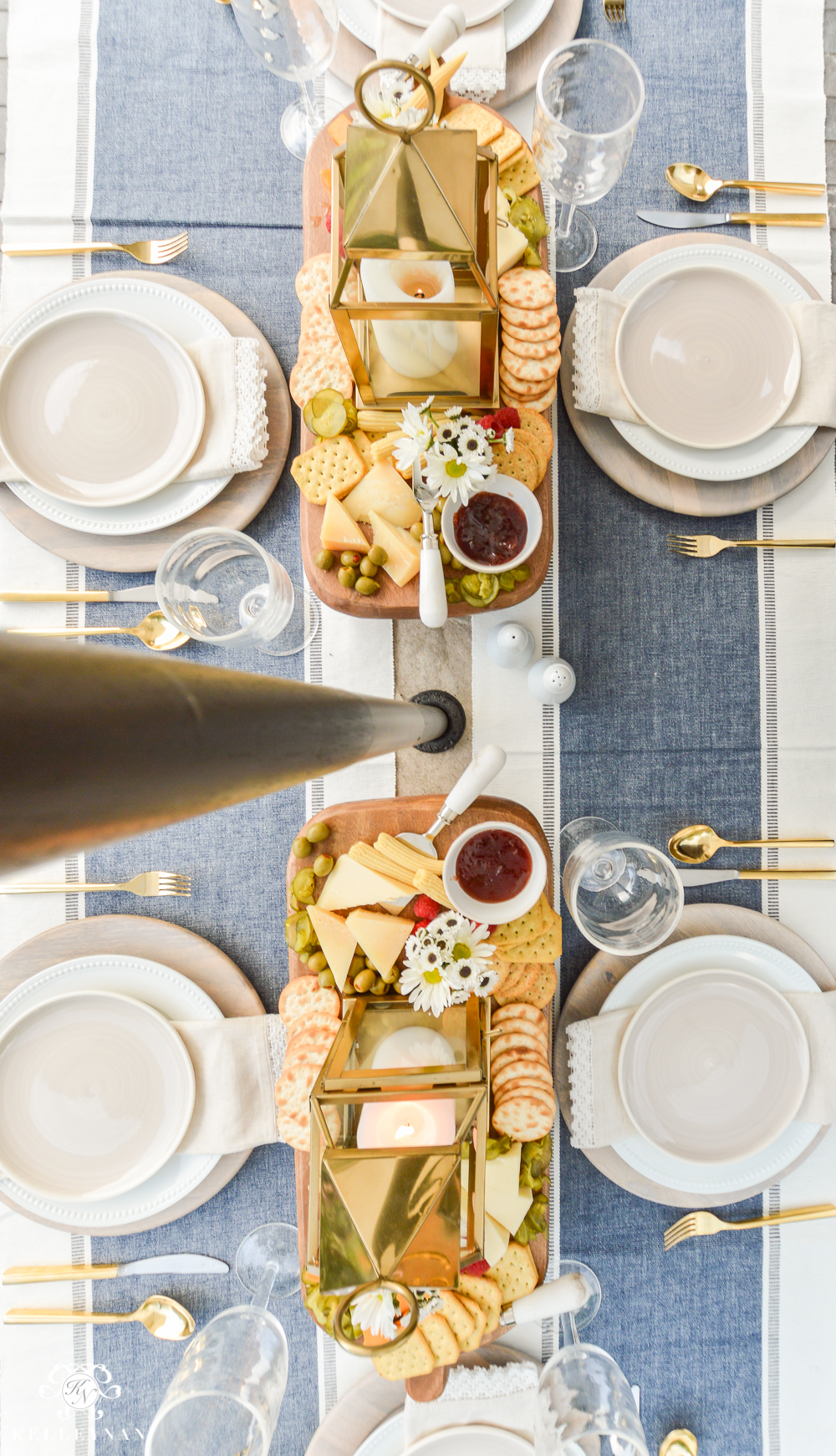 Outdoor Entertaining and Table Ideas with Cheese board appetizer centerpieces- blue and white nautical place settings